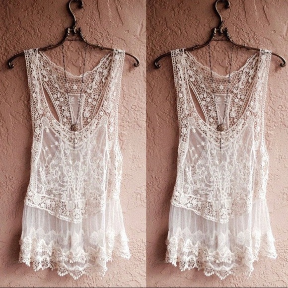 New Boho Crochet Lace Racerback Tank Top Swim - Picture 3 of 10
